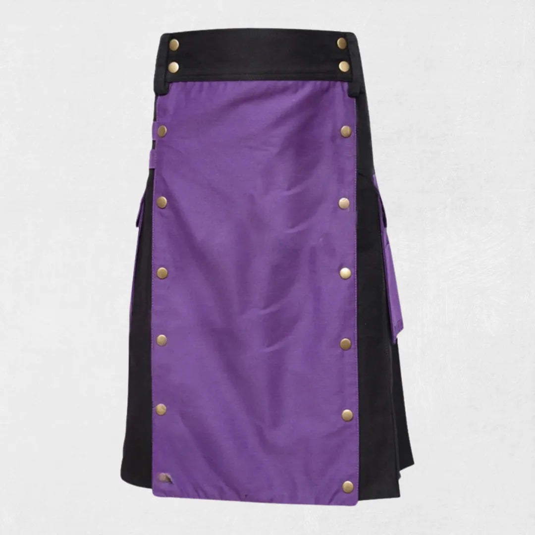 Front view of Purple Black Cotton Utility Kilt with tartan and storage pockets.