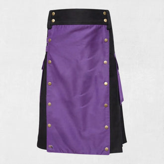 Front view of Purple Black Cotton Utility Kilt with tartan and storage pockets.
