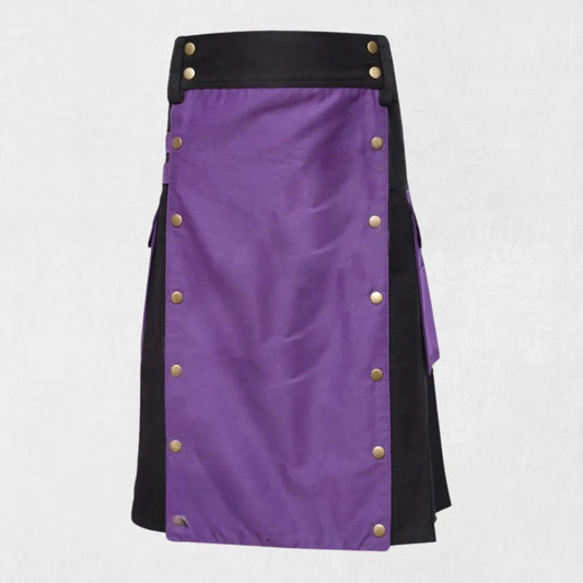 Front view of Purple Black Cotton Utility Kilt with tartan and storage pockets.