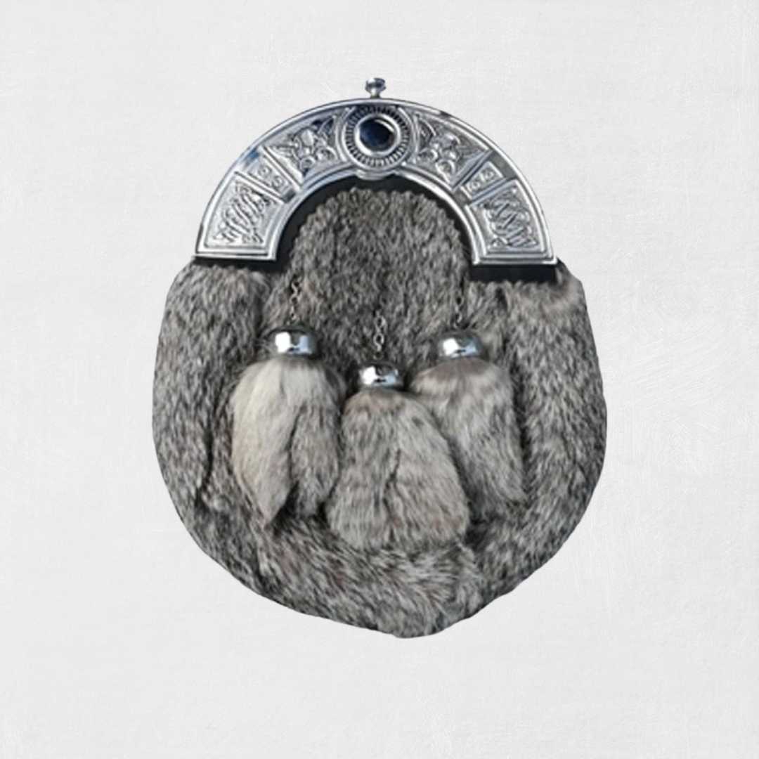 Premium Traditional Scottish Rabbit Fur Kilt Sporran with leather pouch and chain strap.