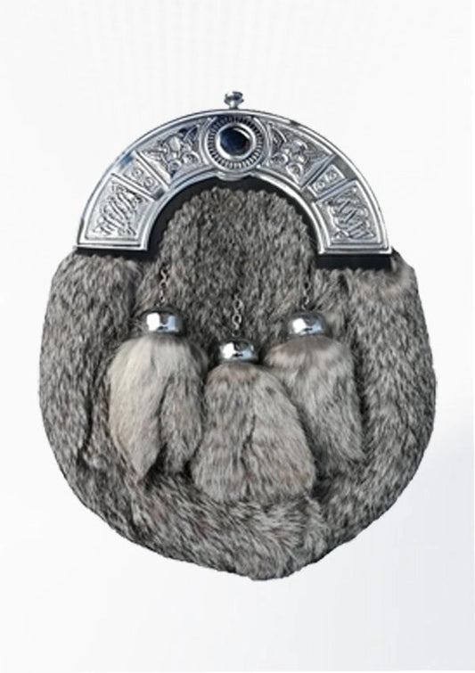 Premium Traditional Scottish Rabbit Fur Kilt Sporran with leather pouch and chain strap.