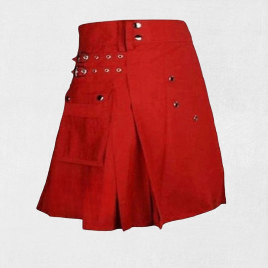Front view of Traditional Scottish Red Women Utility Kilt with functional pockets and adjustable straps