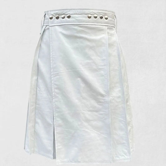 Front view of the Premium-Quality-Traditional-Scottish-White-Leather-Kilt, highlighting the smooth white leather texture and traditional pleating design.