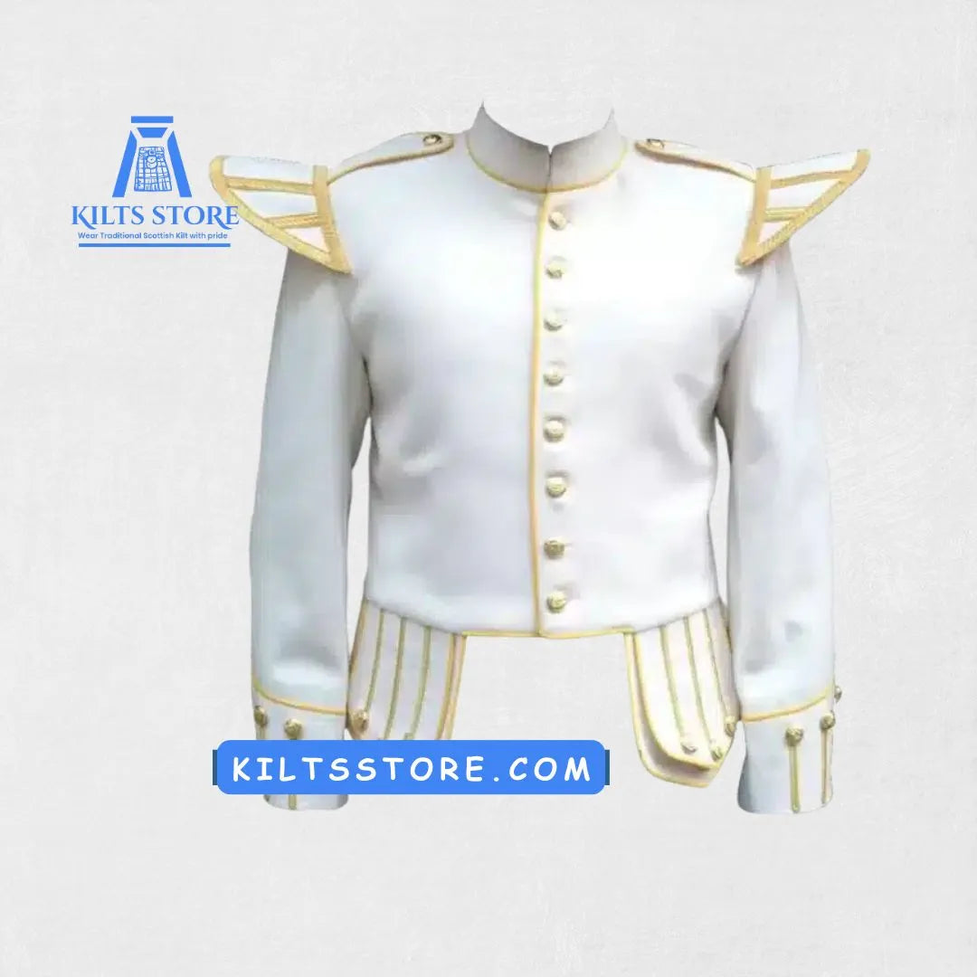 Front view of the Premium Quality White Bagpipe Military Drummer Doublet with Golden Trim, showcasing its stunning white color, golden trim, and tailored fit with military-style buttons.