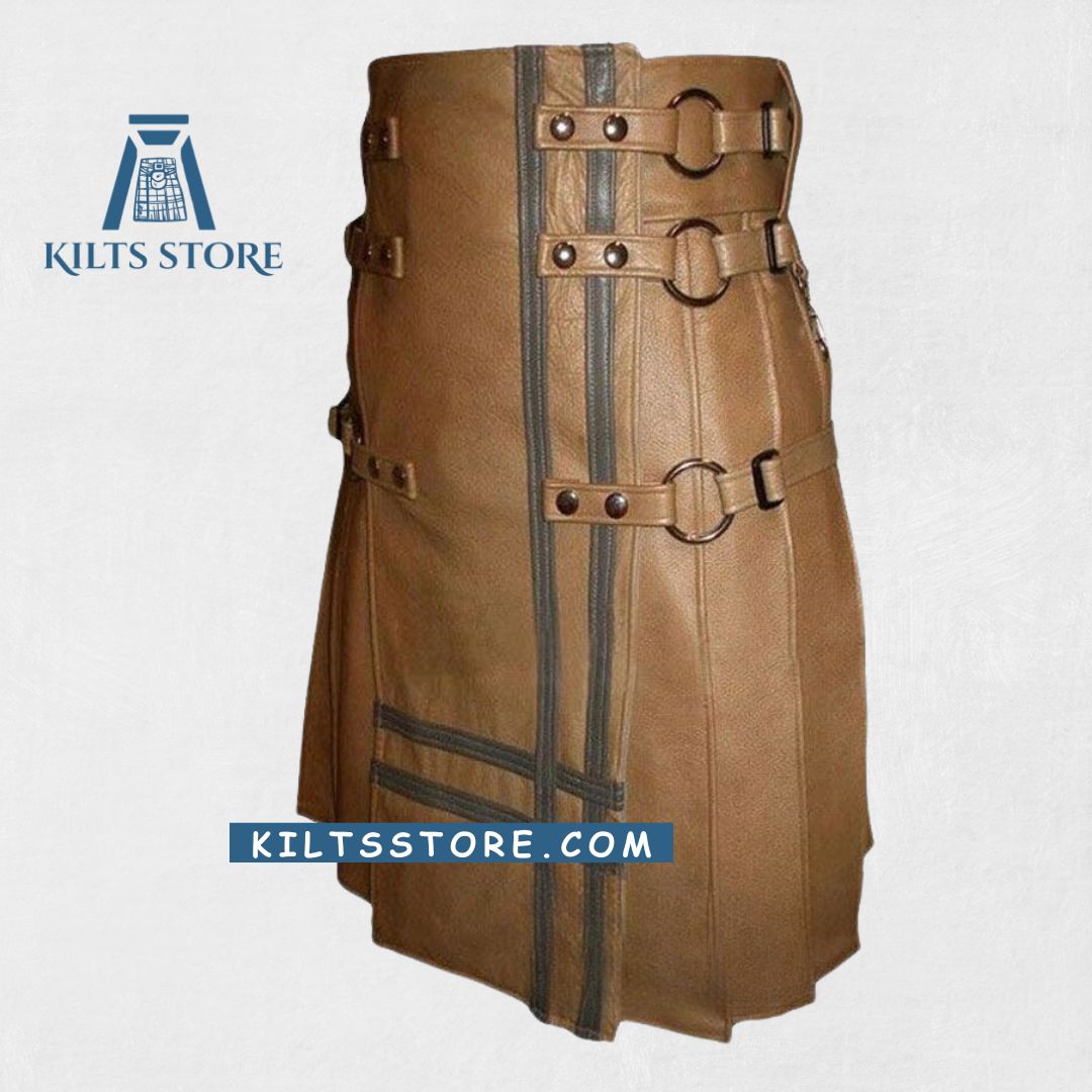 Premium-Quality Custom-Made Brown Leather Kilt for Men, Traditional Scottish Style , side view .