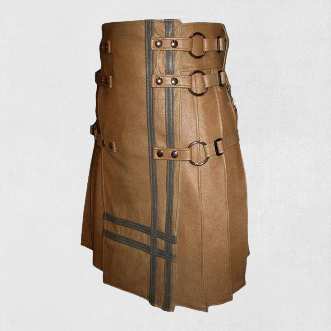 Premium-Quality Custom-Made Brown Leather Kilt for Men, Traditional Scottish Style , side view .