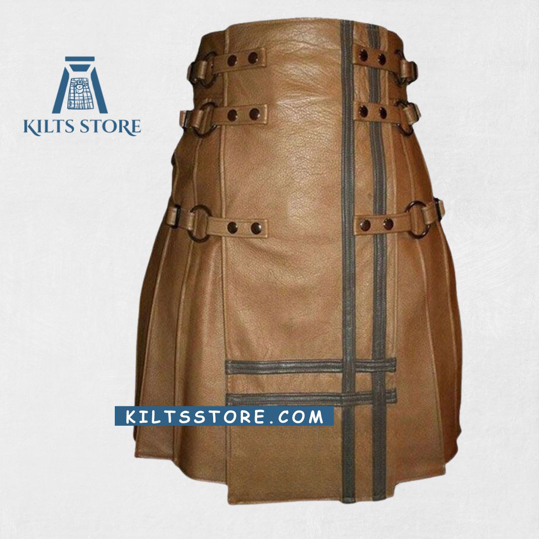 Premium-Quality Custom-Made Brown Leather Kilt for Men, Traditional Scottish Style , front view .