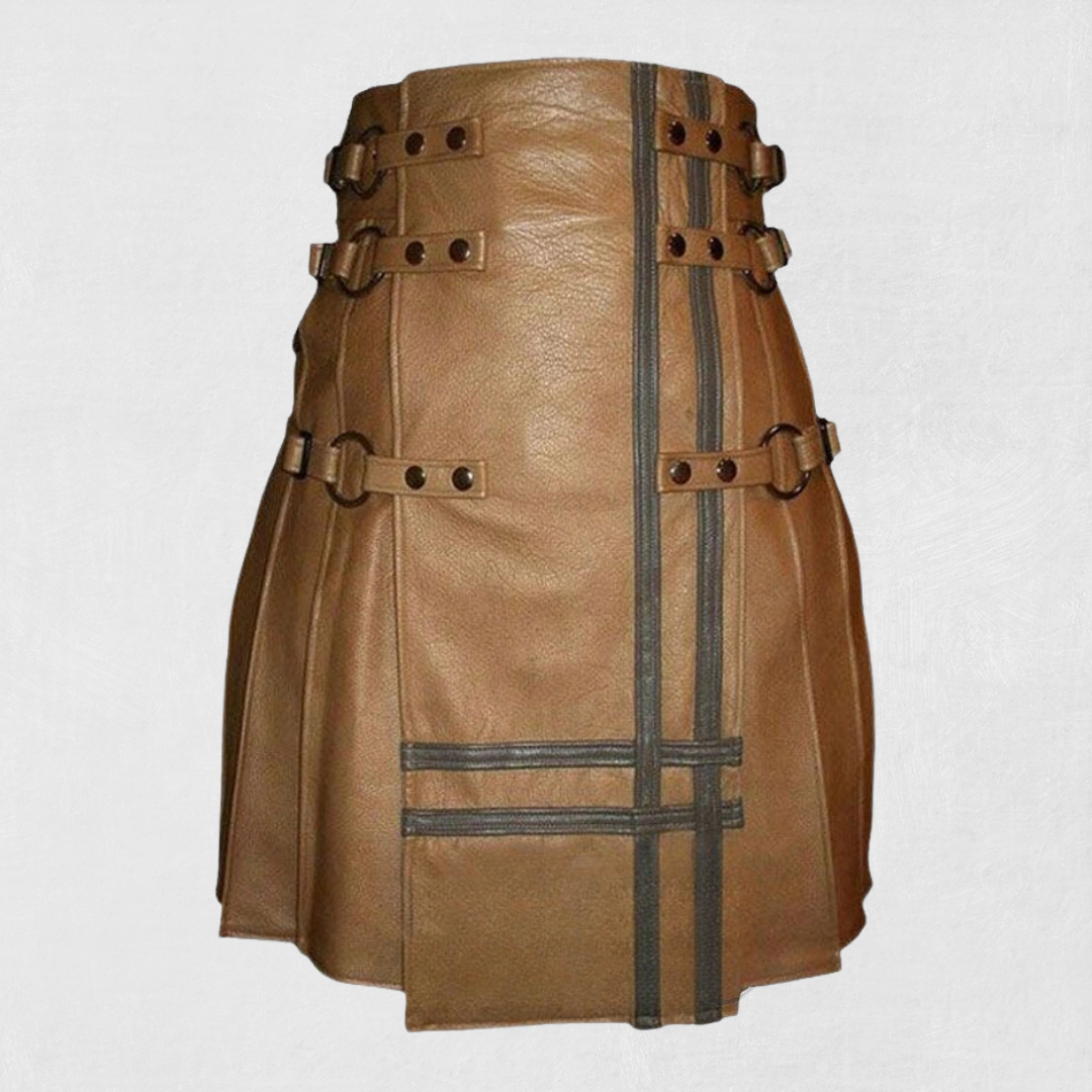 Premium-Quality Custom-Made Brown Leather Kilt for Men, Traditional Scottish Style , front view .