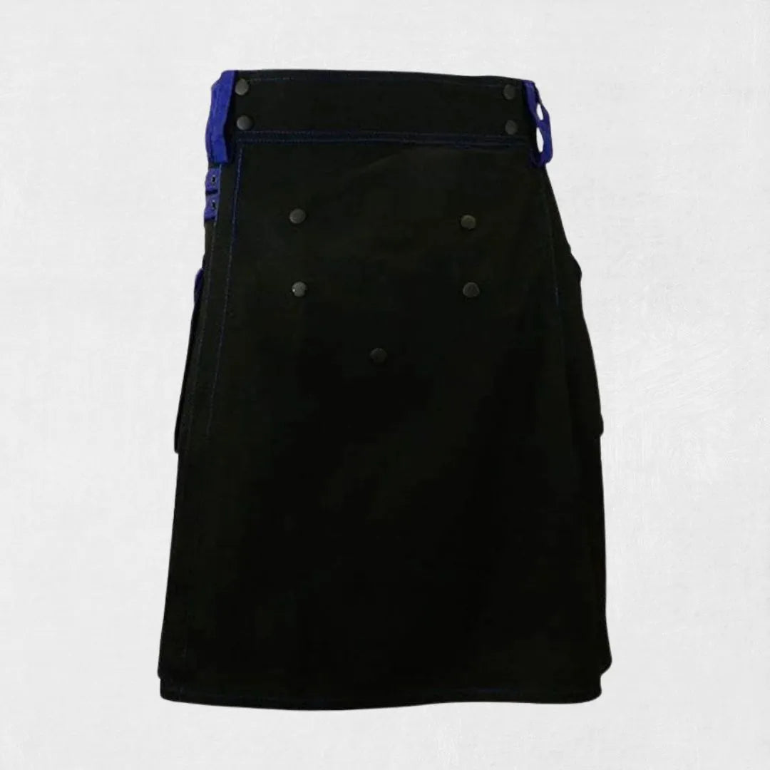 Deluxe modern black and blue kilt with front zipper and visible belt loops – premium men's utility kilt