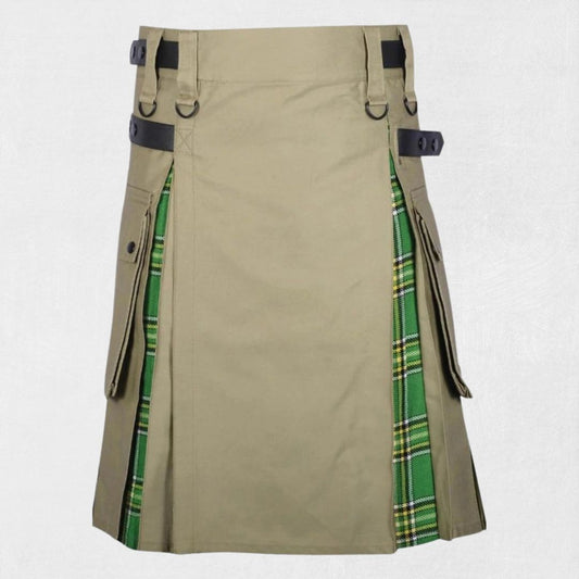 Premium Quality Custom Made Scottish Khaki & Irish Tartan Hybrid Kilt – A stylish fusion of Scottish and Irish traditions.
