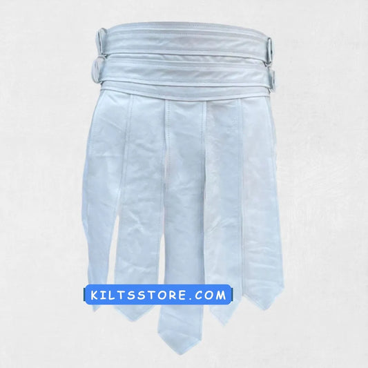 Front view of Premium Quality Hand Made Scottish White Leather Kilt featuring pleats and leather buckle straps
