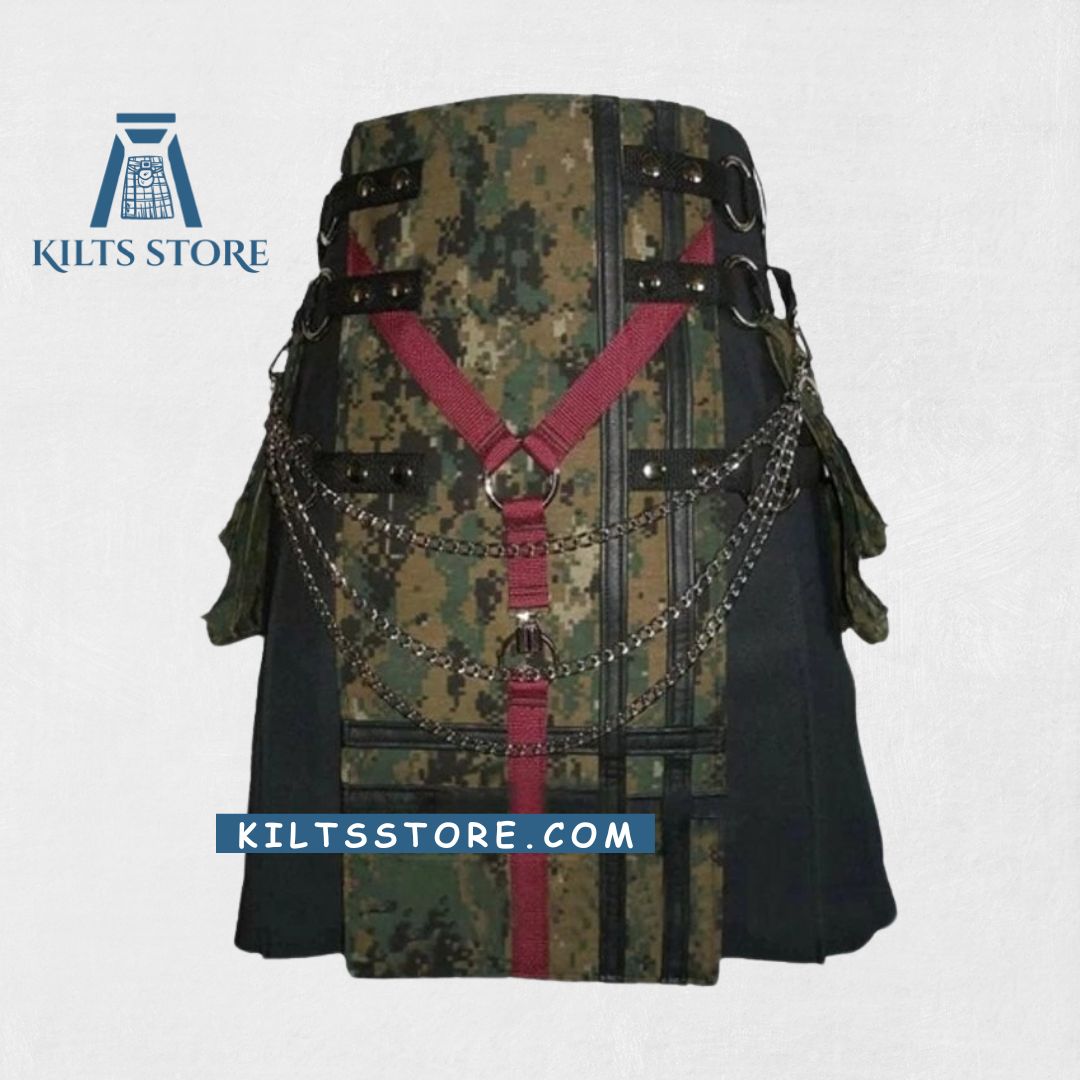 Premium Quality Black Canvas Camouflage Kilt Chains Design