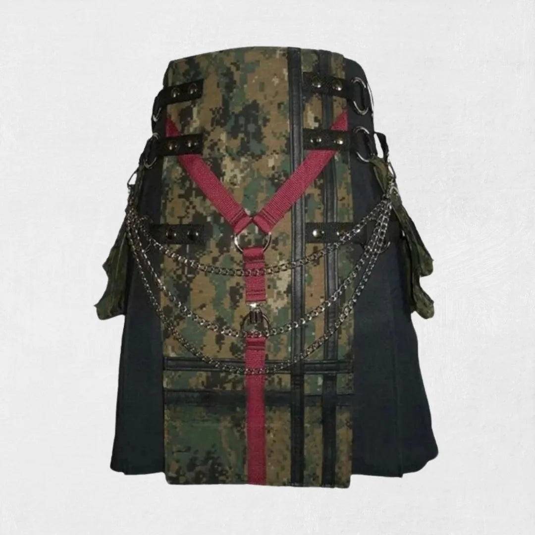 Premium black canvas camouflage kilt with chains, red straps, utility pockets, and belt loop design.
