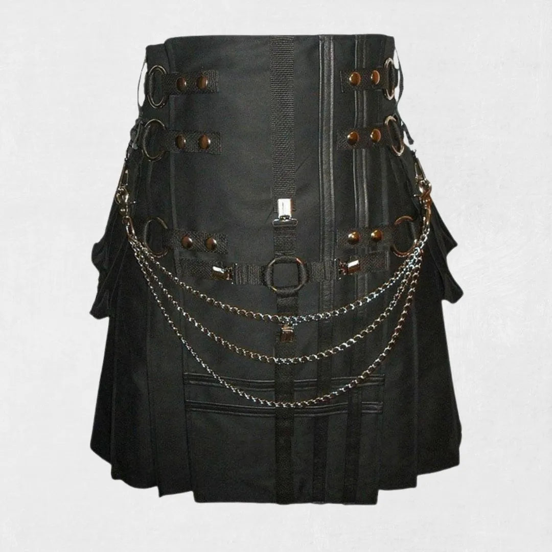 "Premium Quality Black Cross Gothic Cargo Utility Kilt with adjustable fit and Gothic cross details"
