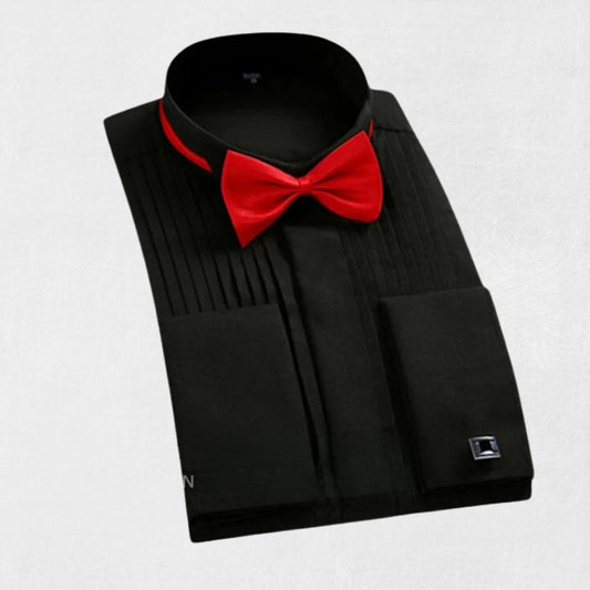 Front view of premium quality black dress shirt for men
