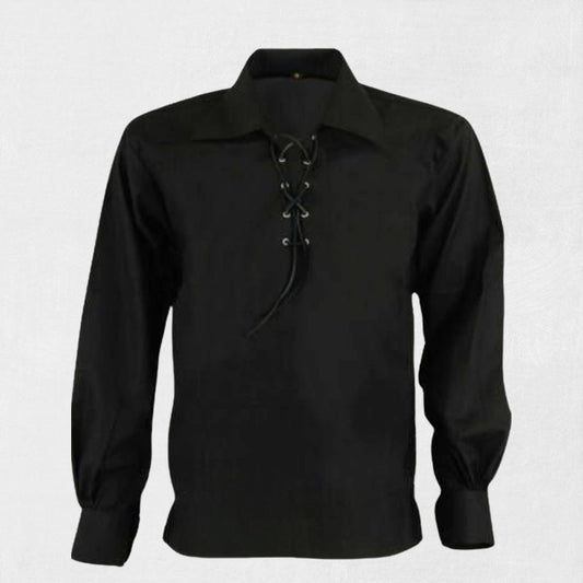 Front view of premium black Jacobite Ghillie shirt with lace-up detail