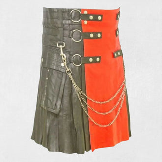 "Premium Quality Black Leather Kilt with striking red apron detail and adjustable fit"
