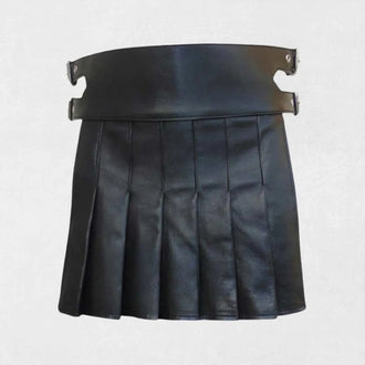Handmade black mini leather kilt in gladiator style design