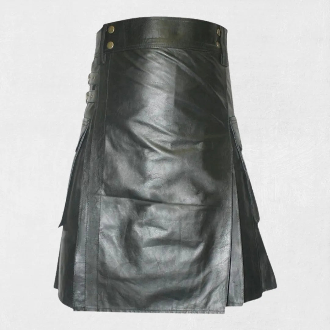 Premium Black Real Leather Utility Kilt with Straps for Men