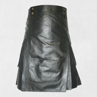 Premium Black Real Leather Utility Kilt with Straps for Men