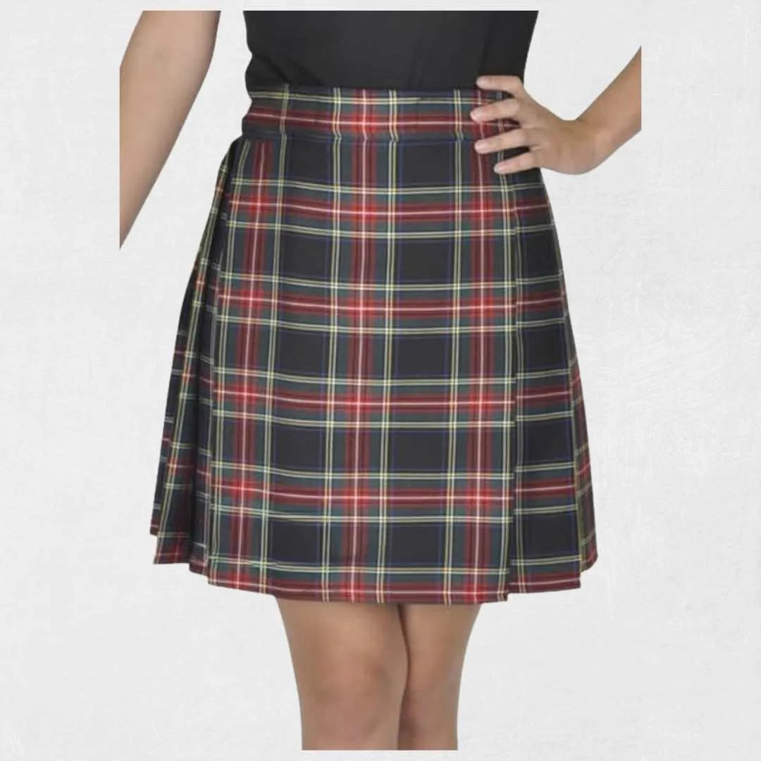 Black Stewart tartan kilt with red and black pattern, leather straps
