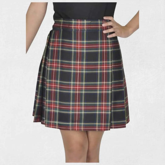 Black Stewart tartan kilt with red and black pattern, leather straps
