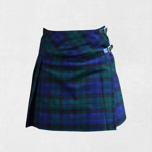 Black Watch tartan kilt with navy, green, and black pattern, leather straps