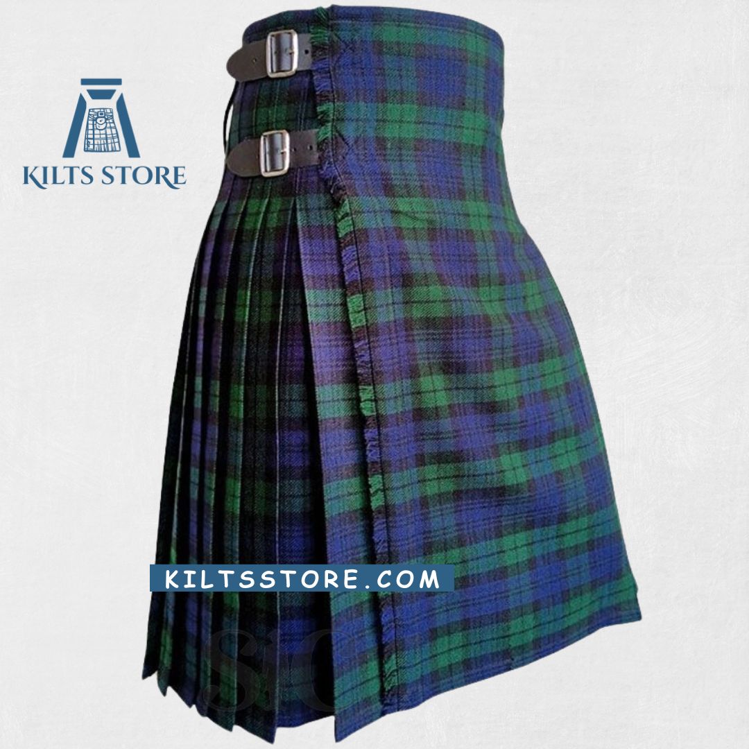"Premium Quality Black Watch Tartan Kilt made from wool with a traditional Scottish design and adjustable fit"

