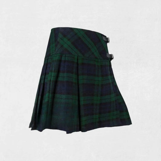 Premium Black Watch Short Tartan Kilt with pleats and leather straps