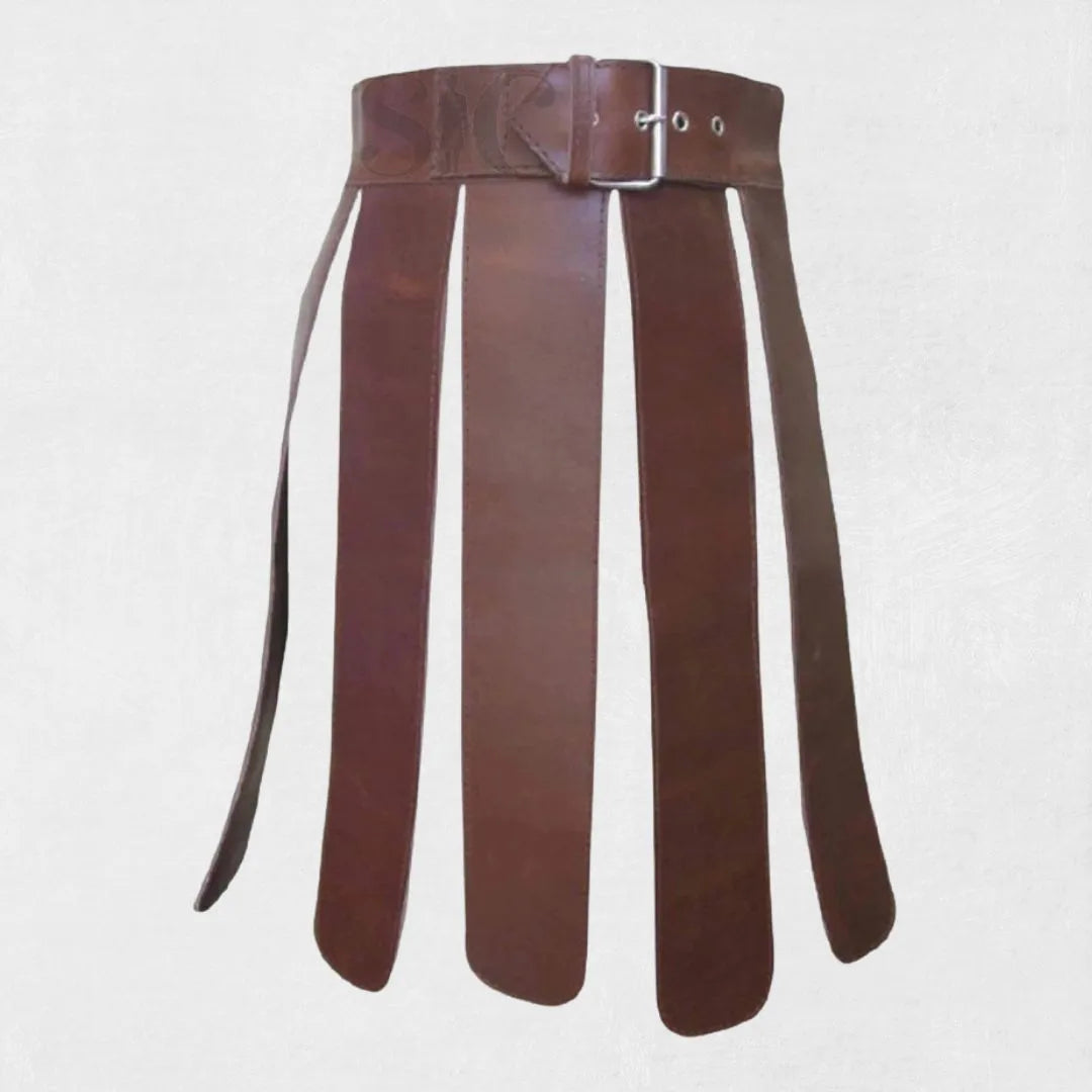 Premium brown short leather gladiator kilt with multiple straps and buckle closure on plain background.