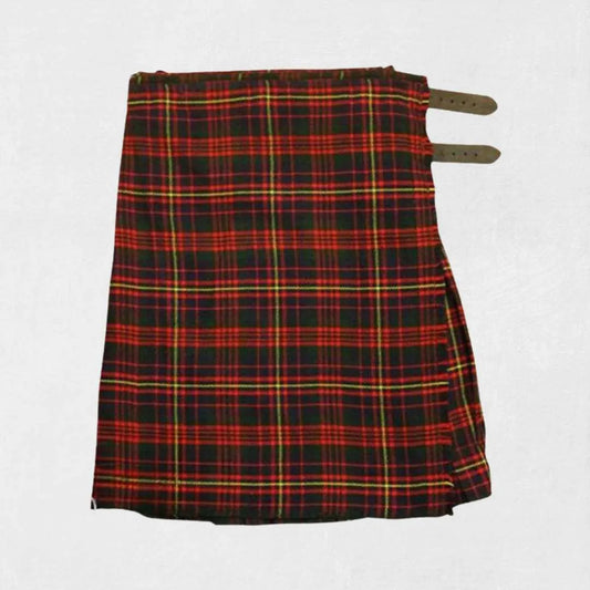 Cameron tartan kilt in red, green, and yellow with leather straps