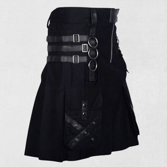 Front view of the Premium Quality Custom Made Scottish Black Gothic Kilt, showcasing its intricate details and bold black design.