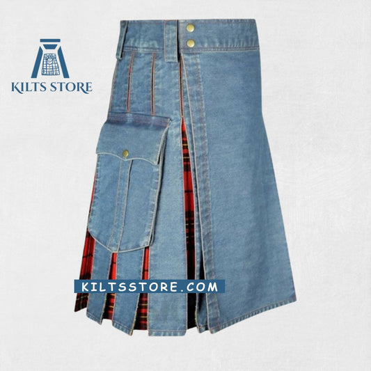 "Premium Quality Custom Made Scottish Blue Denim Kilt with adjustable fit and modern denim design"

