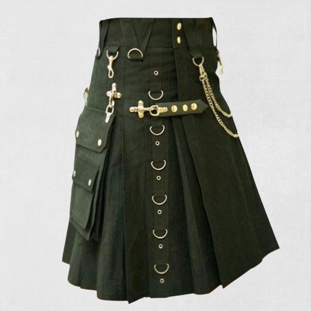Front view of the Premium Quality Custom Made Scottish Gothic Kilt, featuring gothic-inspired design and detailed craftsmanship.