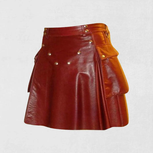 Custom handmade Scottish red women’s leather kilt with pleated design