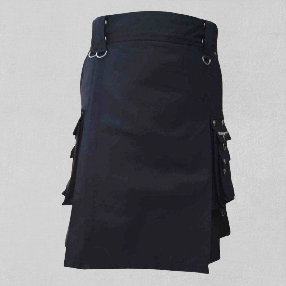 Front view of the Premium Quality Custom Made Traditional Black Gothic Kilt, showcasing its traditional design and dark gothic accents.