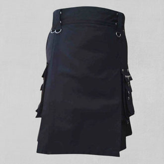 Front view of the Premium Quality Custom Made Traditional Black Gothic Kilt, showcasing its traditional design and dark gothic accents.