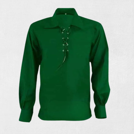  Front view of green Jacobite Ghillie shirt with lace-up neckline
