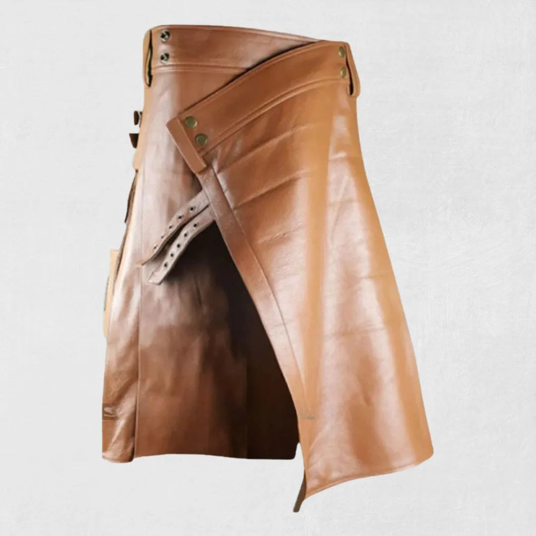  Front view of Premium Quality Hand Made Scottish Brown Leather Kilt featuring pleated design and leather buckle straps