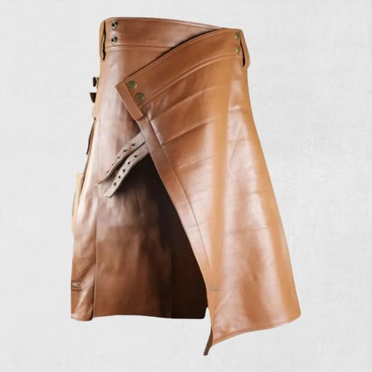  Front view of Premium Quality Hand Made Scottish Brown Leather Kilt featuring pleated design and leather buckle straps