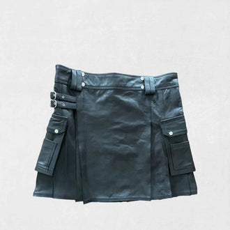 Handmade black leather kilt with traditional pleated Scottish design