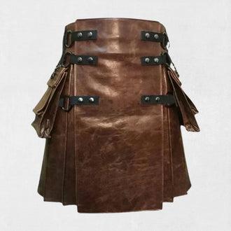  Front view of Premium Quality Hand Made Scottish Brown Leather Kilt with pleats and buckle straps