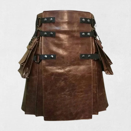  Front view of Premium Quality Hand Made Scottish Brown Leather Kilt with pleats and buckle straps