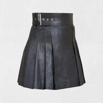 Premium handmade Scottish black women’s leather kilt with pleated design