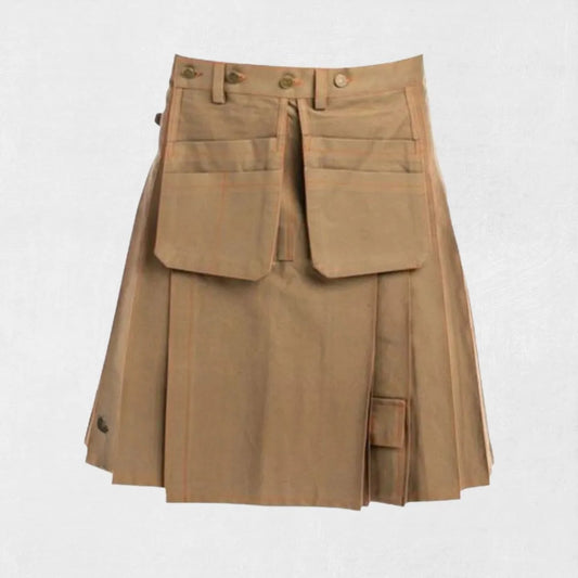 Brown kilt with multiple pockets on a white background