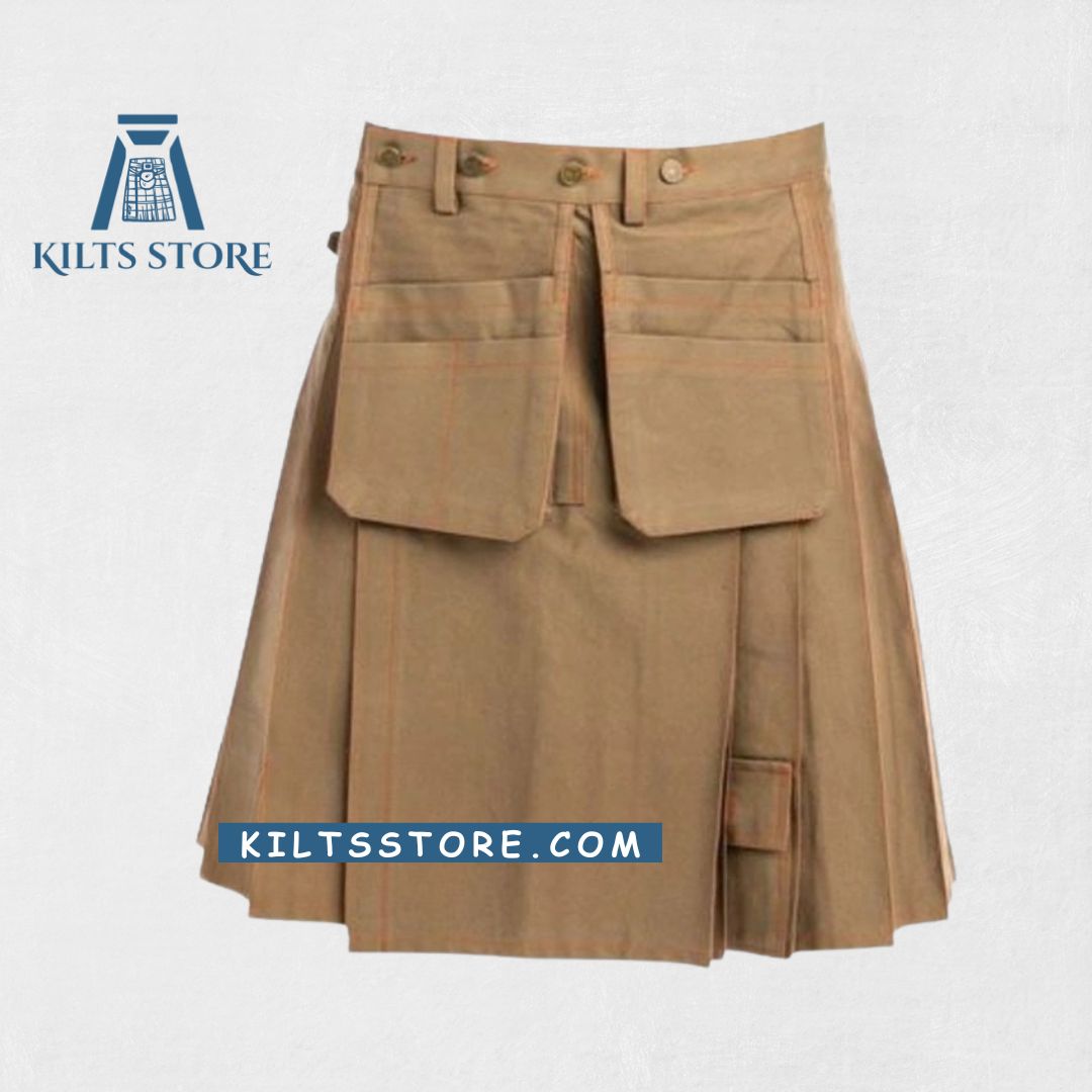"Premium Quality Hand Made Scottish Multi Pockets Khaki Working Kilt with utility pockets and adjustable fit"

