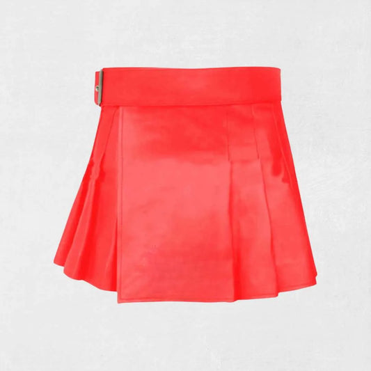 Handmade red women’s leather kilt in traditional Scottish pleated design
