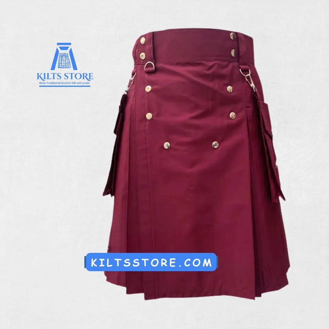Front view of Premium Burgundy Utility Kilt with large pockets and adjustable straps