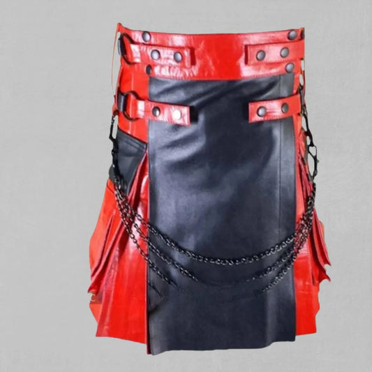 Front view of the premium red and black leather kilt design, highlighting the bold color contrast and high-quality craftsmanship.