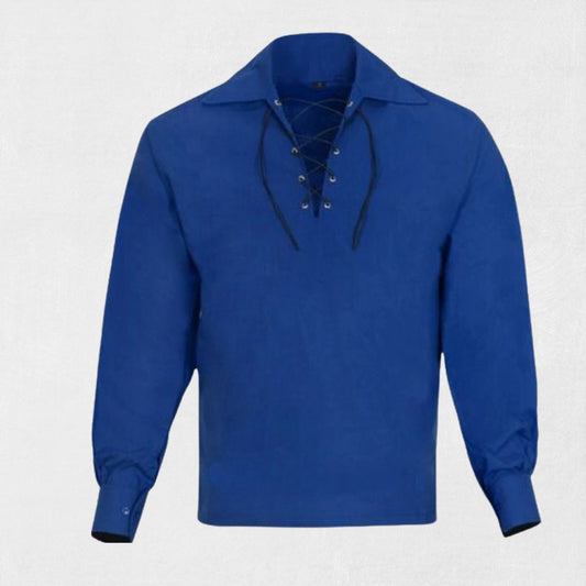  Front view of royal blue Jacobite Ghillie shirt with lace-up neckline
